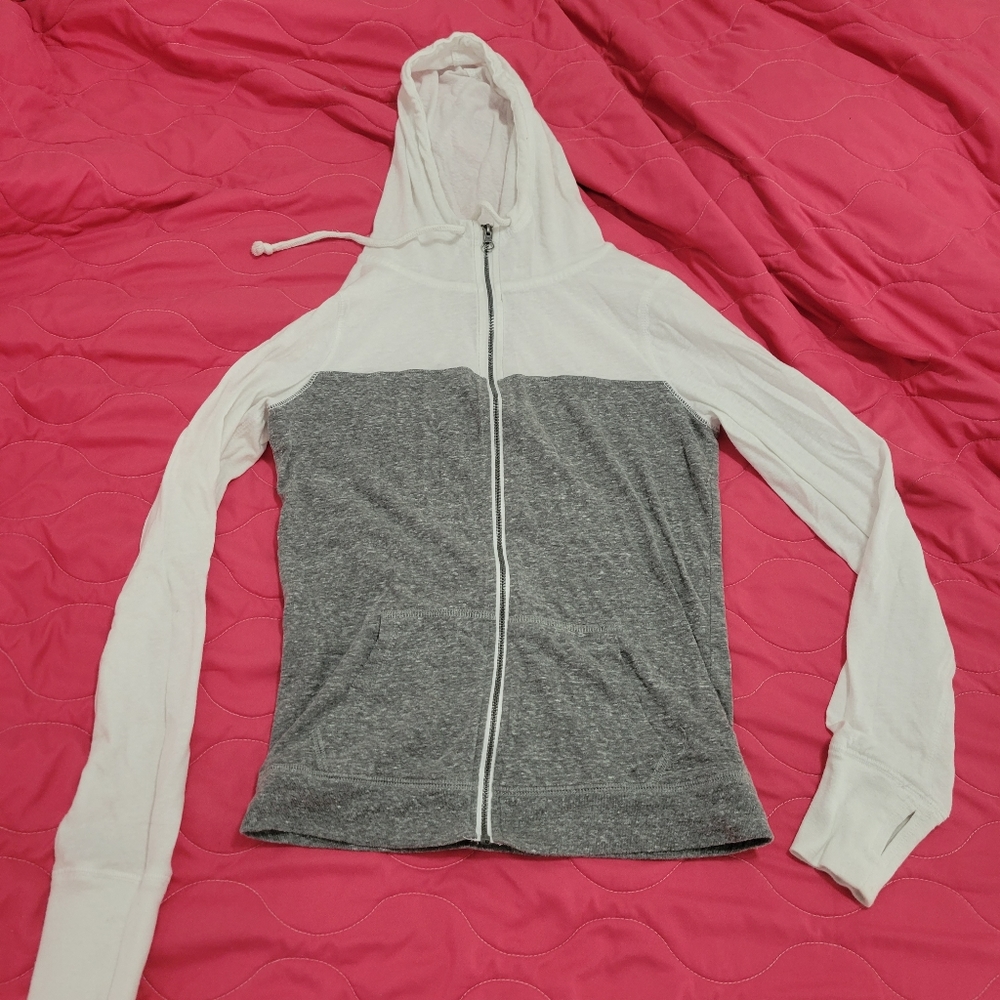 SO White and gray zip up with thumb holes